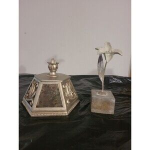 Home Decor Silver Wood Destressed Glass Trinket Box & Standing Lily On Wood Base